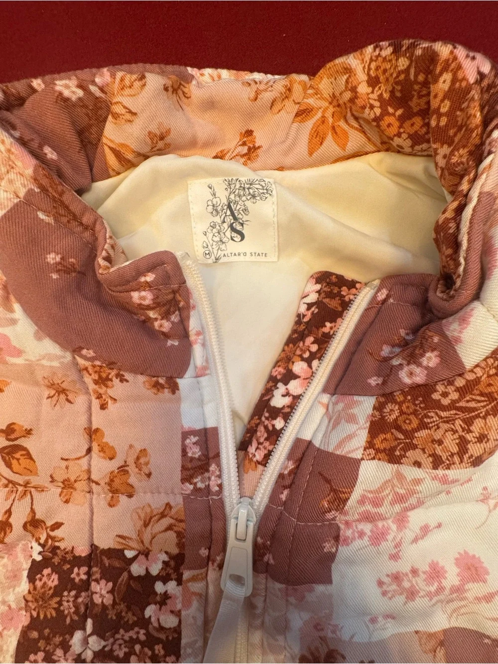 Altar'd State Pink & Cream Floral Cropped Patchwork Sherpa Jacket